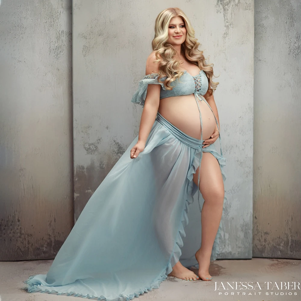 Maternity Dress 2-Piece Set Pregnancy Photoshoot Maxi Gown Sky Blue Off Shouder Lace Top High-Slit Chiffon Skirt For Baby Shower