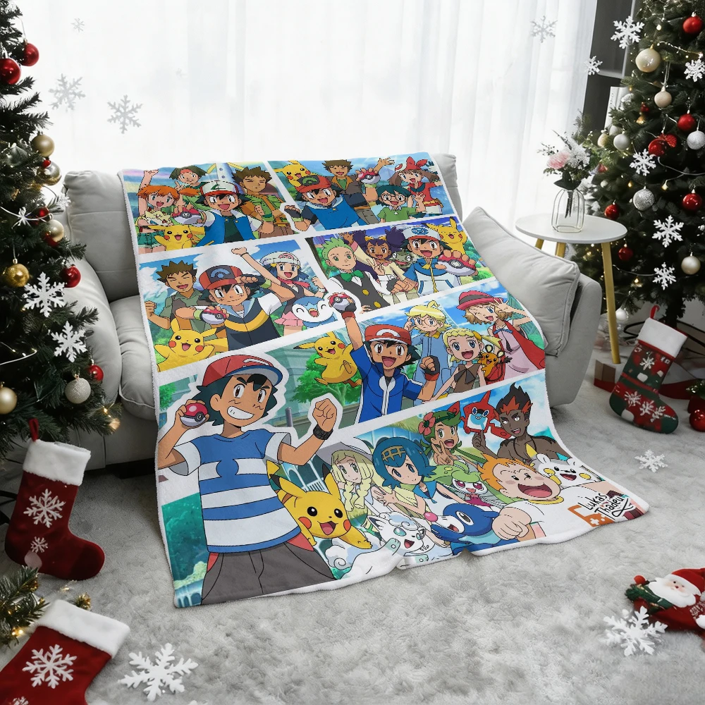 Pokemon Ash Pikachu Flannel Throw Blanket Cartoon Character Collage Soft Warm Blanket for Sofa Bedroom Home Decoration Gift