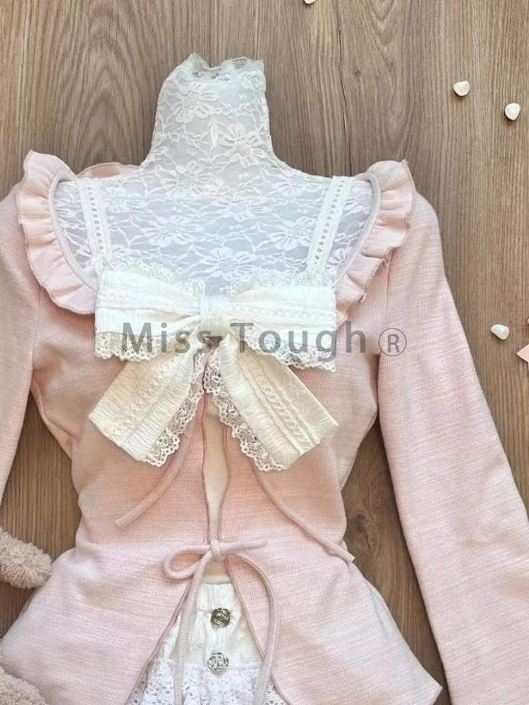 Outono frança doce arco conjunto de 3 peças moda feminina bonito manga longa fino cardigan sólido estilingue + fina cintura alta saia de renda terno