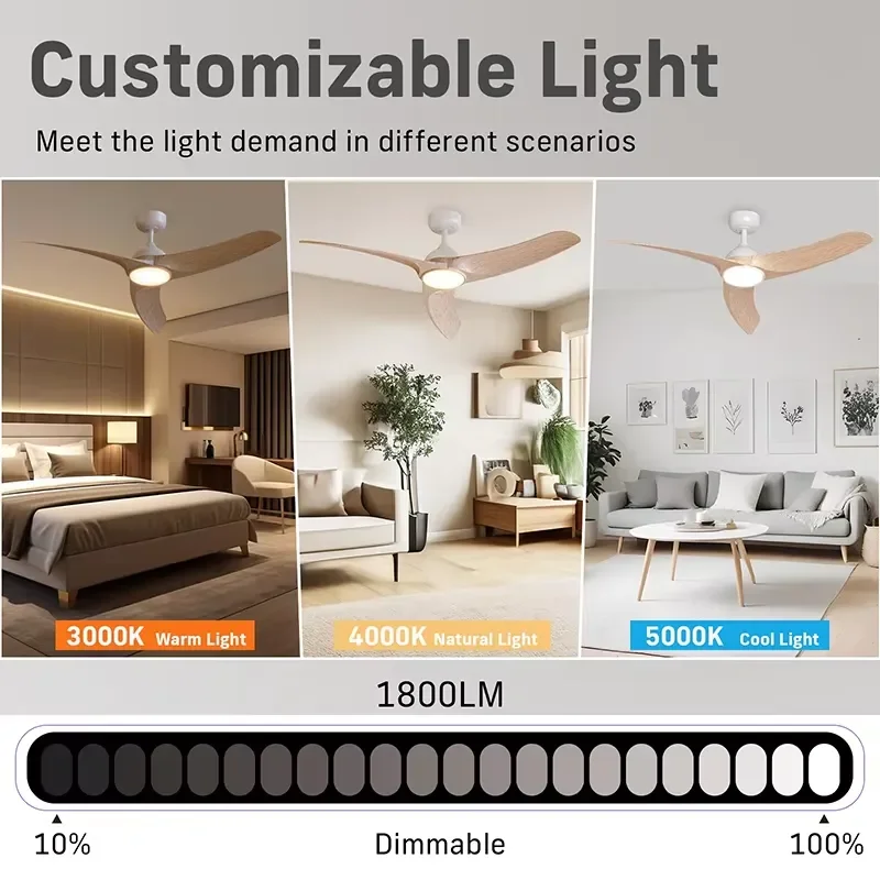 Modern Wood LED Dining Chandelier with Remote Control Inverter Ceiling Fan Light Metal Body and Fan Blade for Home
