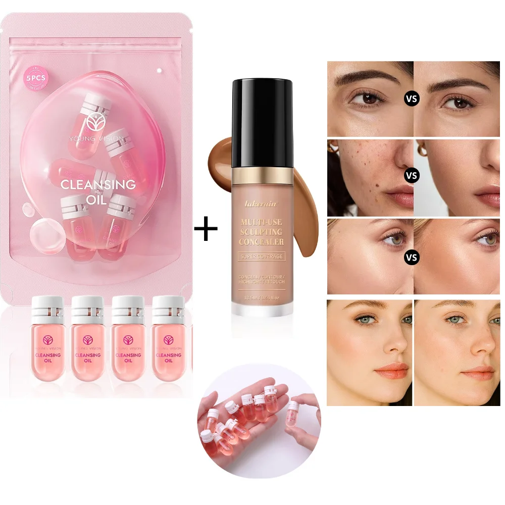 Lakerain-Juego de corrector + desmaquillante de cinco colores, acabado Natural, ilumina el cutis, cubre ojeras, aceite desmaquillante