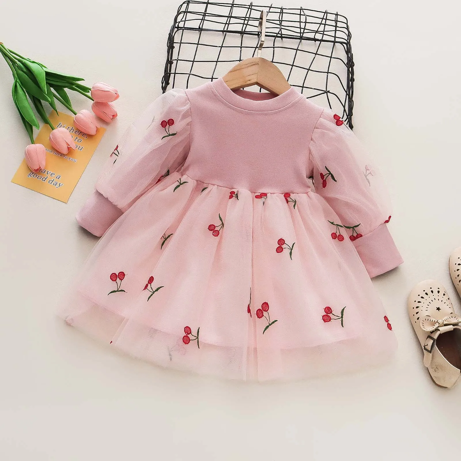 Girls Dresses 2 To 8 Years Toddler Girls Autumn Winter Long Sleeve Cherry Knit Patchwork Mesh Tulle Dress שמלות לילדות בנות