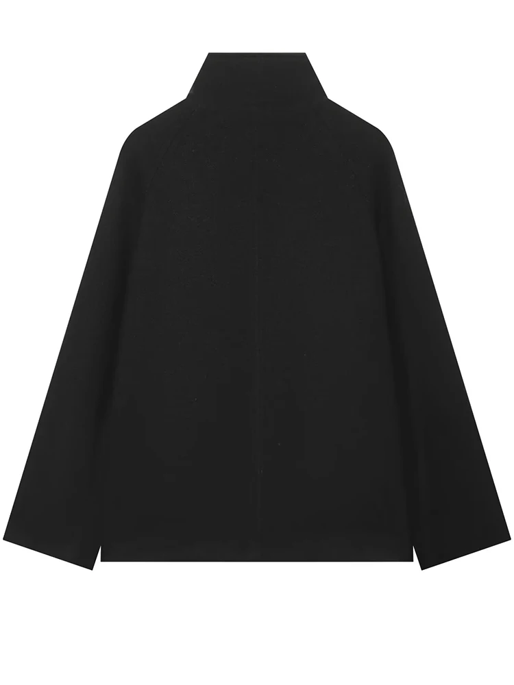 HH Women Autumn Winter Black Stand Collar Double Breasted Wool Coat Long Sleeve Cropped Fit For Holiday Vacation Outdoor Wear