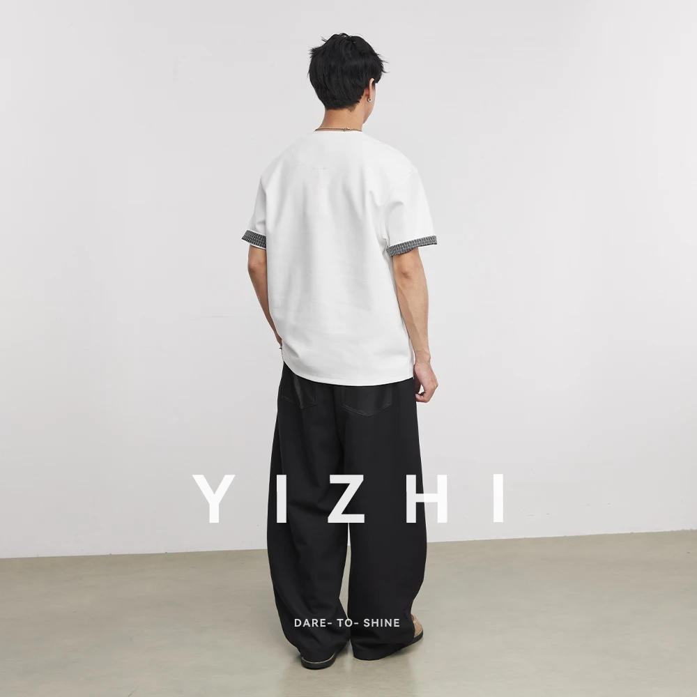 Men's Heavyweight 260g Plaid Splice Small V-Neck T-Shirt 2026 Summer Henley Neck Loose Casual Streetwear Commute Short Sleeve
