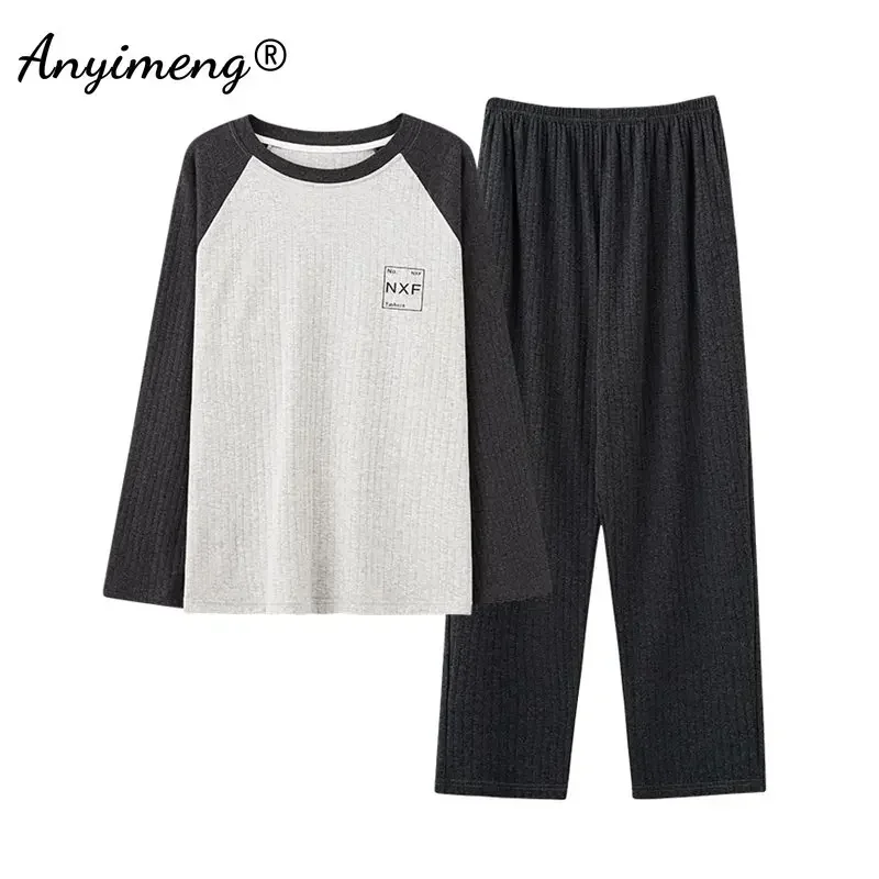 L-4XL Men\'s Pajamas Set Autumn Winter Knitted Cotton Casual Sleepwear for Man Full Length Pijamas Elegant Male Pyjamas Nightwear