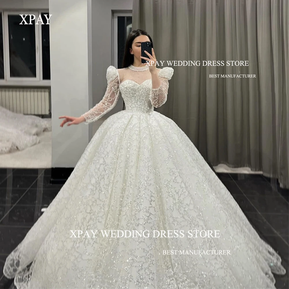 

XPAY Glitter Princess Ball Gown Wedding Dresses Long Sleeves High Neck Sparkly Bridal Gowns Luxury Bride vestido de novia