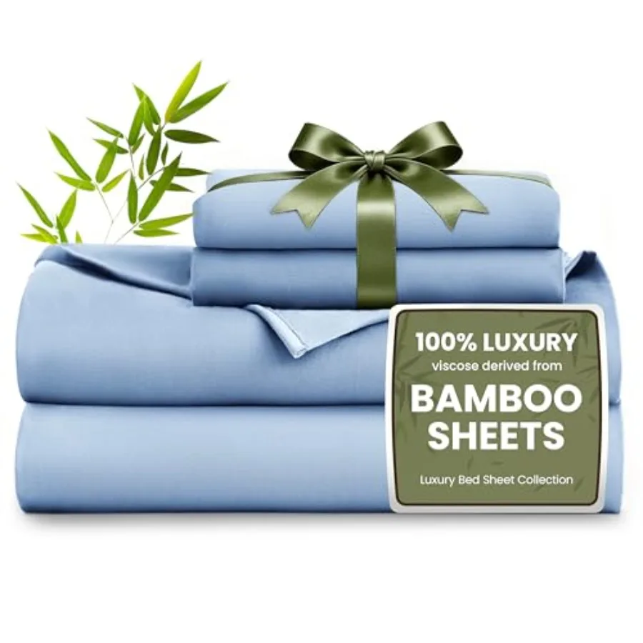 

4 Pcs Sheet Set 100% Rayon Derived from Bamboo Cooling and Breathable Soft Silky Deep Pocket up to 16" Hotel Luxury Bedding for
