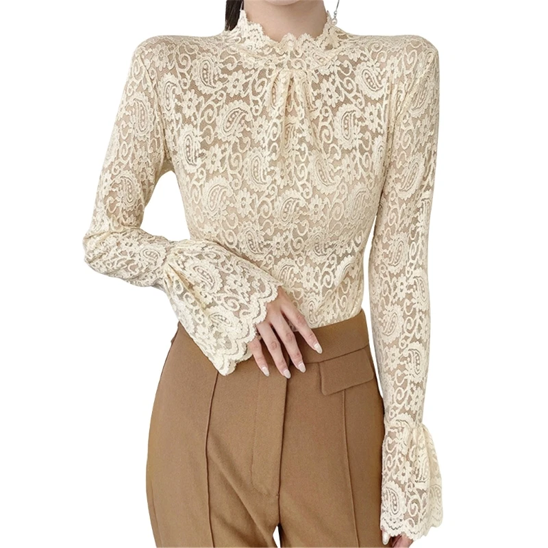 

Women's Lace Pullover Tops Autumn Winter Bottoming Shirt Tops Stretch Long Sleeves T-shirt Turtleneck Top for Daily