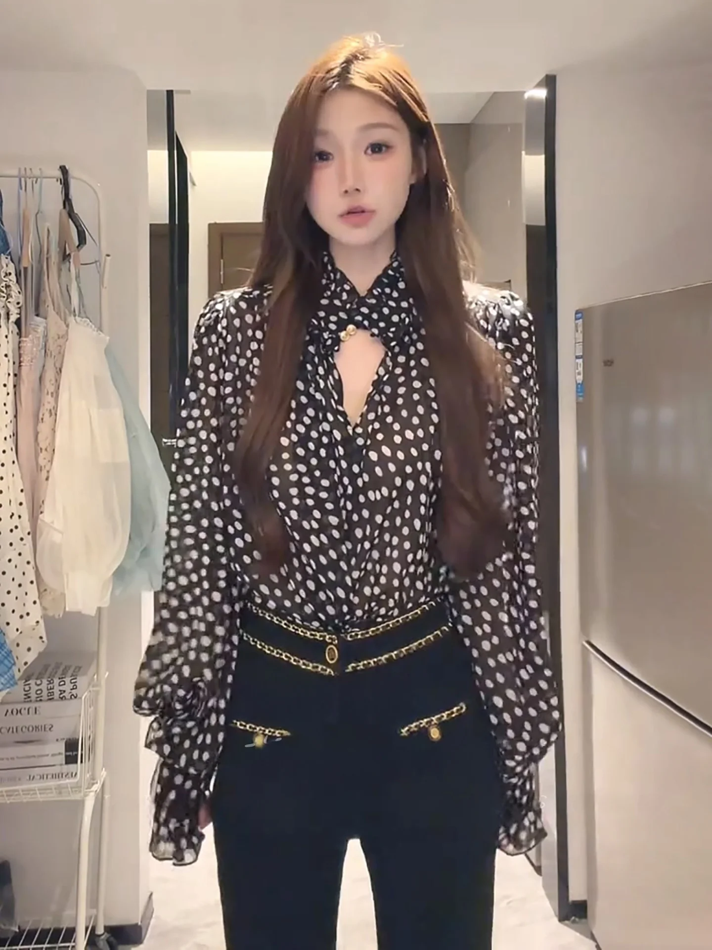 

Ретро-рубашка женская с длинным рукавом в горошек, повседневная, свободного кроя, стройнящая, для офиса, с V-образным вырезом, из полиэстера, весенняя, модная, элегантная