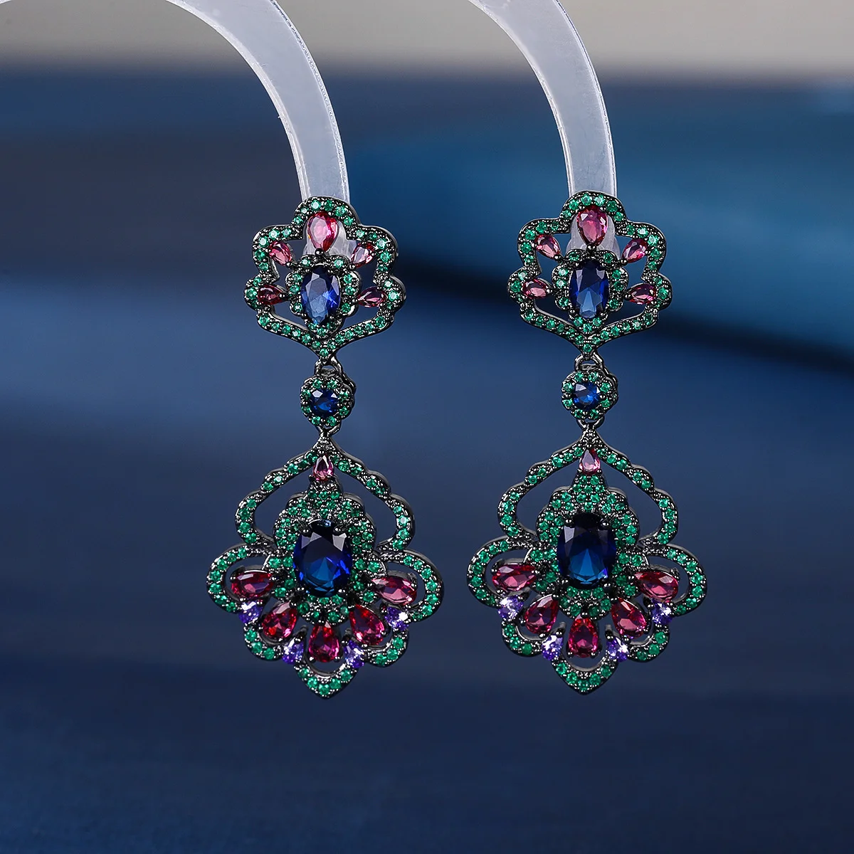 925 Silver Needle Luxury Multicolor Gemstone Ornate Drop Earrings, Elegant Bridal Wedding Party Jewelry Gift for Women