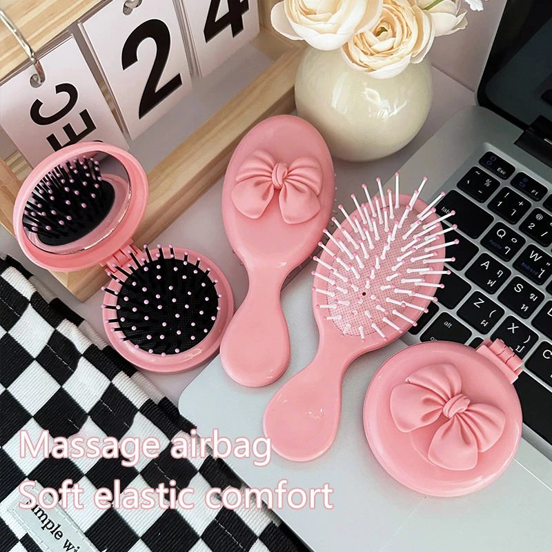 Cute Handheld Folding Massage Comb With Makeup Mirror Travel Portable Plastic Airbag Small Hair Brush Bow Tie Air Cushion Comb