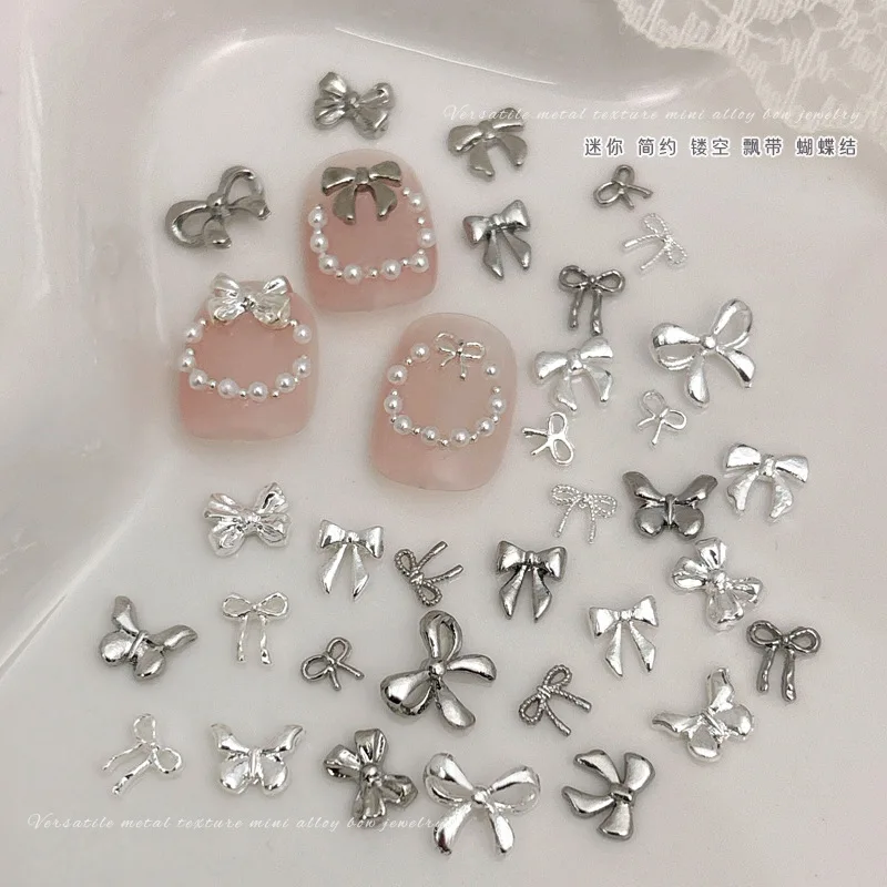 20pcs 3D Alloy Bow Nail Charm Mixed Gold and Silver Bowknot Nail Accessories Luxury 3D Nail Art Decoration