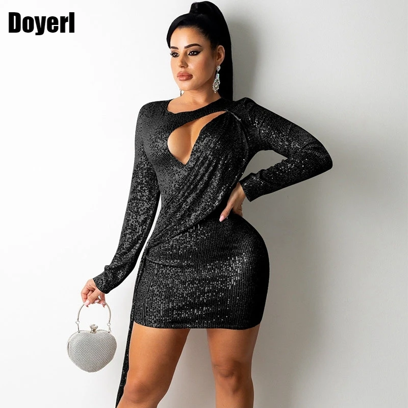 Sexy Black Sequin Dress Women Long Sleeve Cut Out Bodycon Mini Short Sparkly Elegant Evening Dresses for Women 2022 Party Club