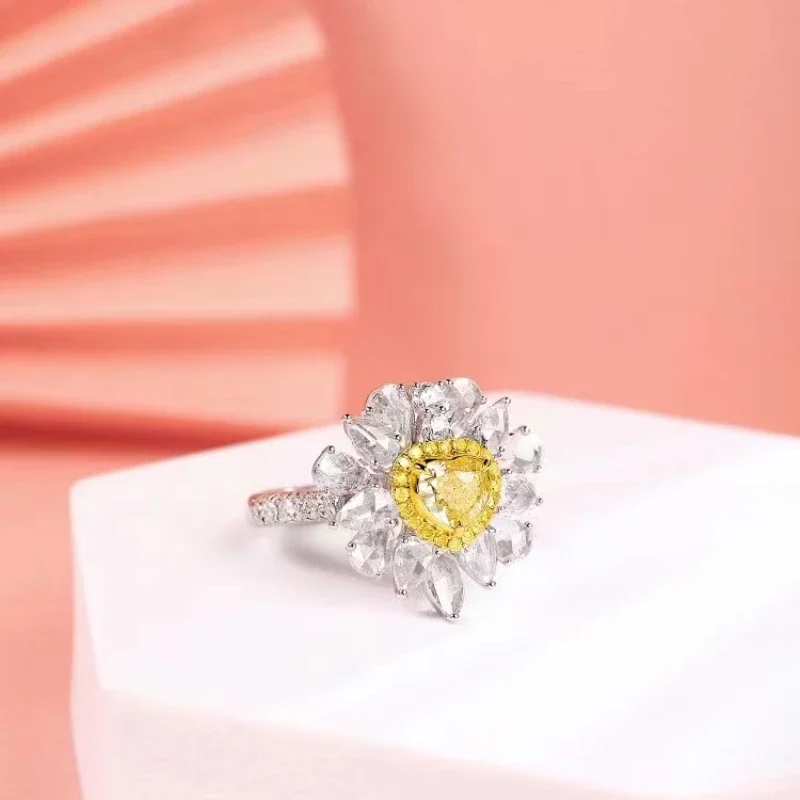 Flower 3.7 Carat Yellow Diamond 18k Gold Ring For Women Wedding Bands Cute Romantic Engagement Gift