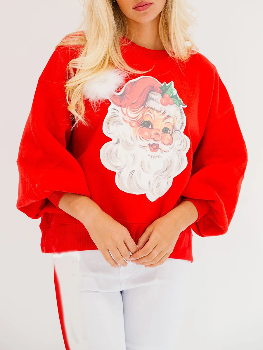 

2024 Autumn And Winter New Women'S Christmas Loose Sportswear Long Sleeved Loose Round Neck Santa Claus Pullover