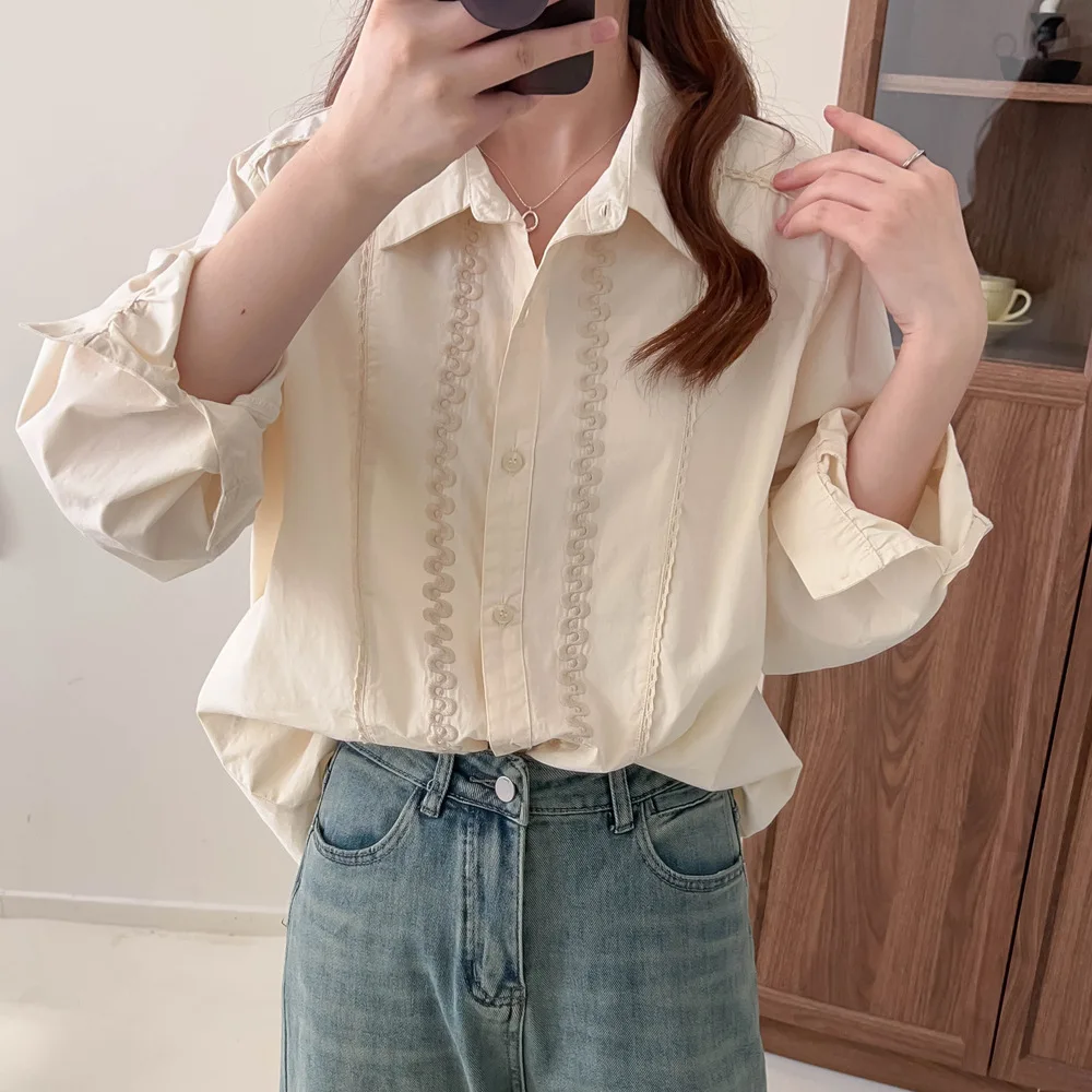 New Spring Cotton OL Shirt Women Lapel Neck Long Sleeve Solid Tops Girl Retro Literature Commute Blouse 2024 Autumn T45451QM