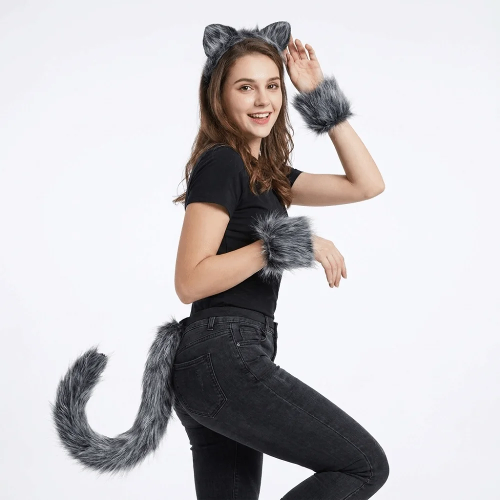4pcs/set Furry Gray Wolf Costume Set Exquisite Faux Fur Plush Sleeve Cover Tail Kit Lightweight Fluffy Animal Cosplay Outfit