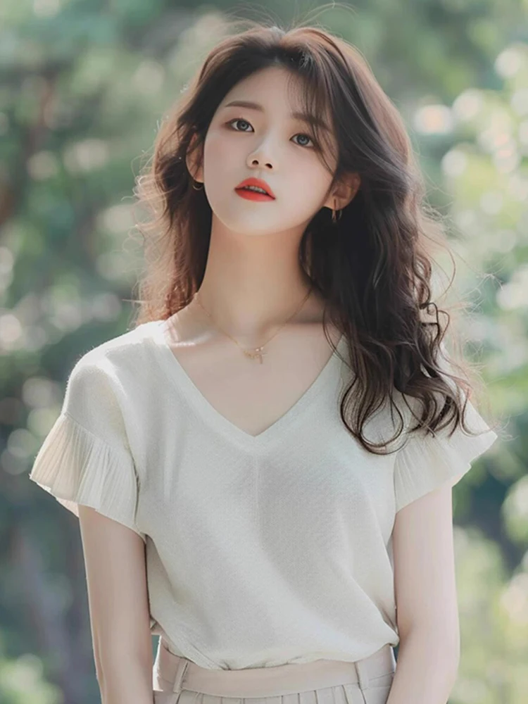 لون نقي مريح V-Ne ort Sve Commute Basic irt الكورية Sle فضفاضة تناسب الصيف تصميم جديد فريد من نوعه