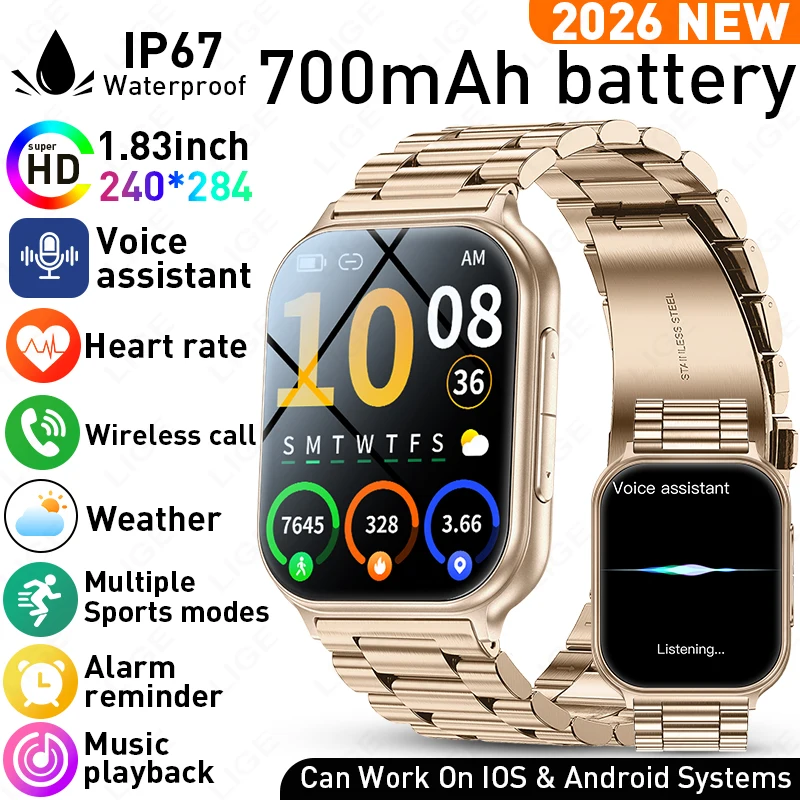 

Смарт-часы LIGE 700 мАч с полным сенсорным экраном, фитнес-трекер, новинка 2026 года, Bluetooth-звонки, водонепроницаемость IP67, для спорта, для мужчин и женщин