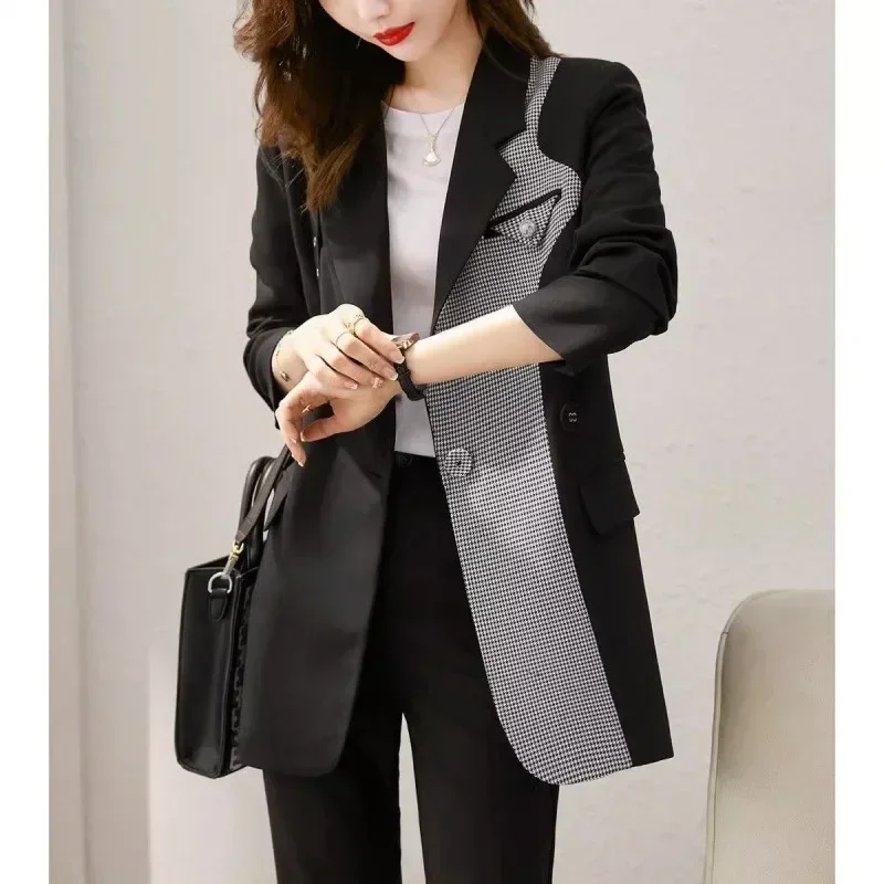 Fashion Plaid Contrast Blazer Coat Women Korean Loose Single-Breasted Suit Jacket Stitching Pocket Notched Collar Outerwear