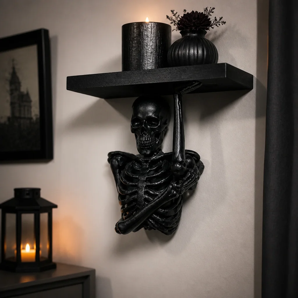 Gothic Skeleton Bust Wall Shelf, Black Resin Floating Display Rack for Halloween Dark Academia Spooky Home Wall Decor