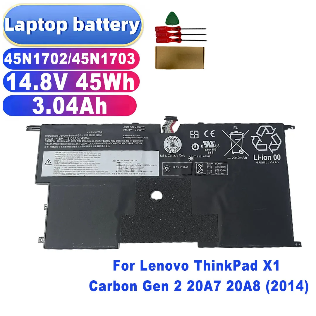 High Quality 00HW002 00HW003 45N1700 45N1702 45N1703 Battery 14.8V 45Wh for Lenovo ThinkPad X1 Carbon Gen 2 20A7 20A8 (2014)