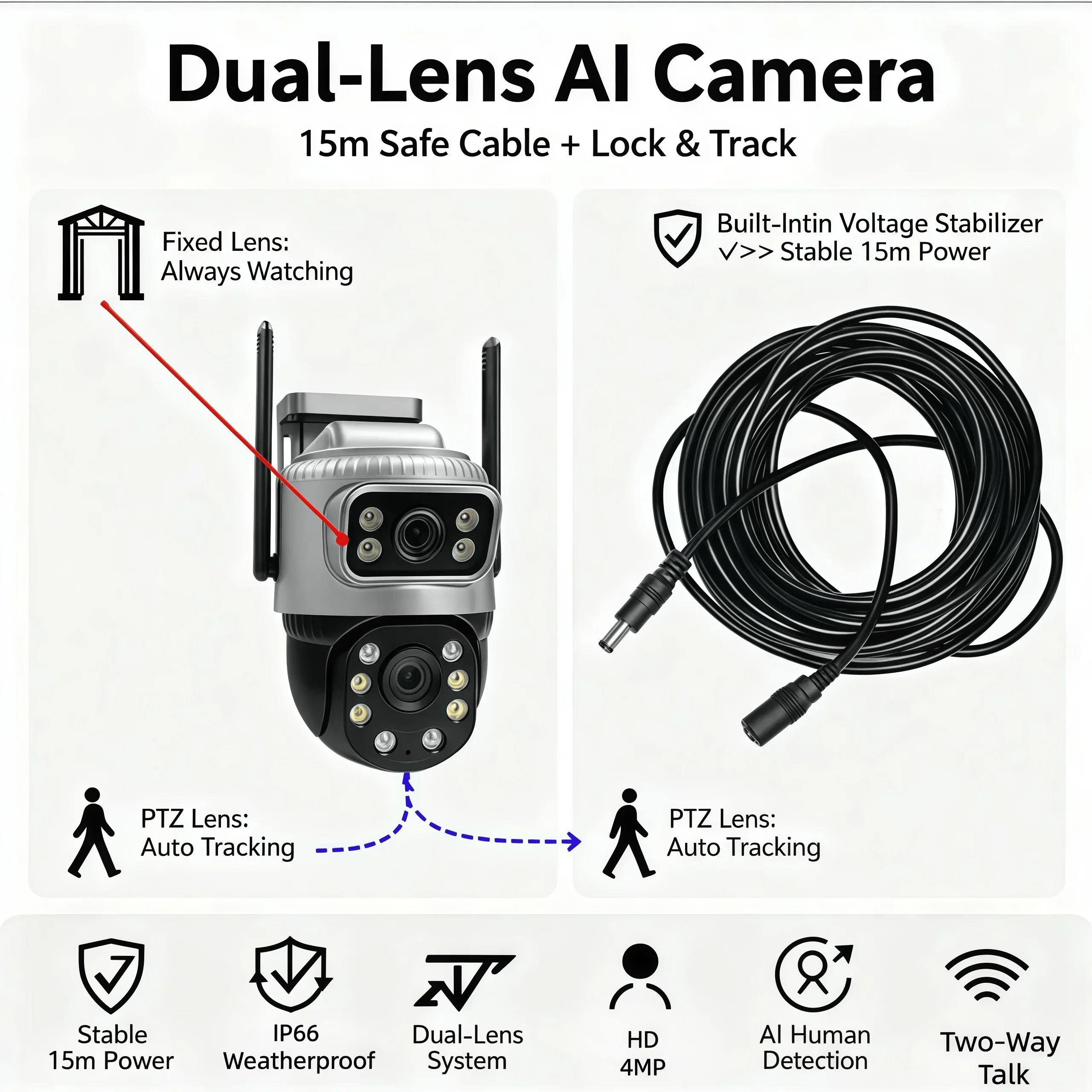 كاميرات مراقبة WiFi مزدوجة العدسة، مراقبة CCTV لاسلكية، تتبع تلقائي ذكي IP كامل مع سلك تمديد بطول 15 مترًا #1