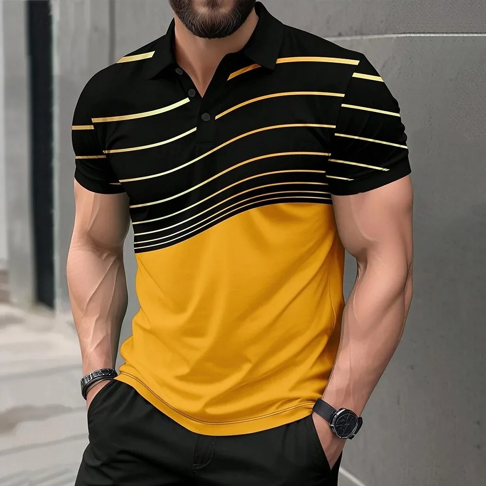 New Men's Polo Shirt Striped Pattern Short Sleeved Top with 3D Color Block Printing Casual Golf Harajuku Polo Shirt