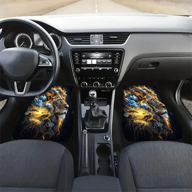 4pcs Flame Lion Pattern Car Footrest 4pcs Set, Universal Non-Slip Mats, Crystal Velvet Material, Decorate The Interior Space, Ef