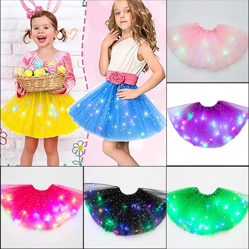 LED Glowing Light Girls Tulle Star Short Tutu Skirt Children Fancy Ballet Dancewear Tulle Light Up Short Dress Light Up Costum