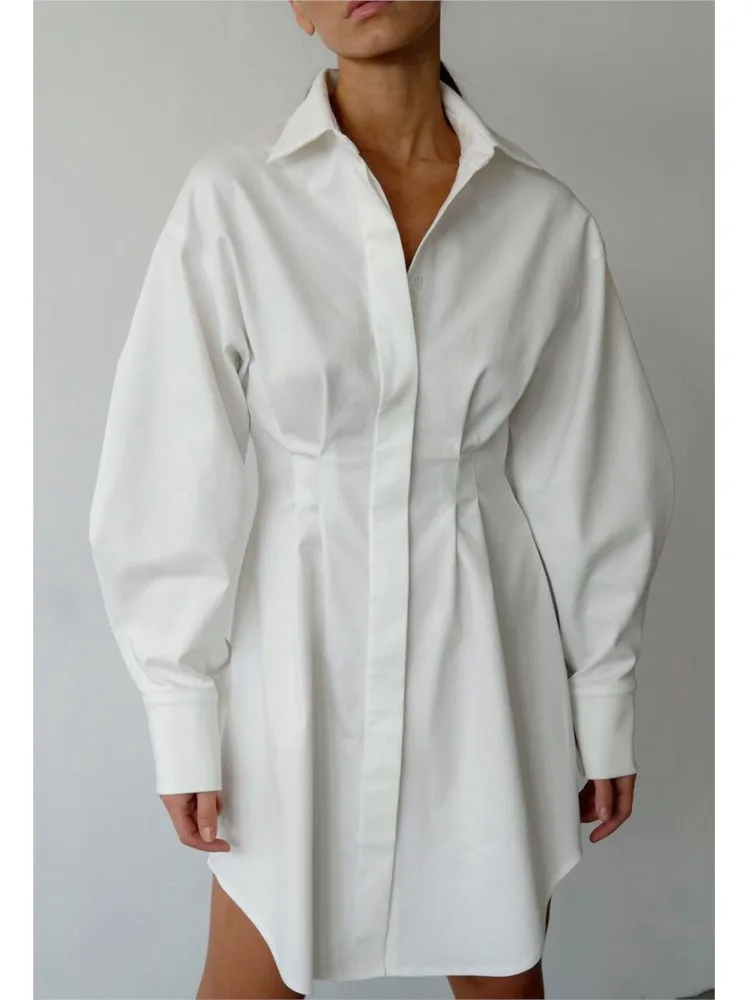 Woman's Elegant Mini Dress Spring Fashion Lapel Long Sleeved Dresses Ladies Solid Color Single Breasted Waist Cinched Vestidos