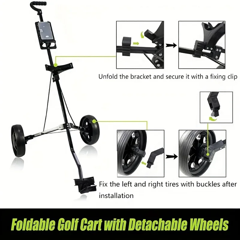 Foldable Black Golf Cart with Detachable Wheels: 2-Wheeled Golf Trolley for a Standard Golf Bag, Easy to Fold and Store