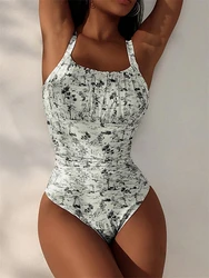 One Piece Swimsuit Women 2026 New Print Sling Ruched Sexy Bodysuit Swimwear Summer Monokini Push Up Beach Bathing Suit Female
