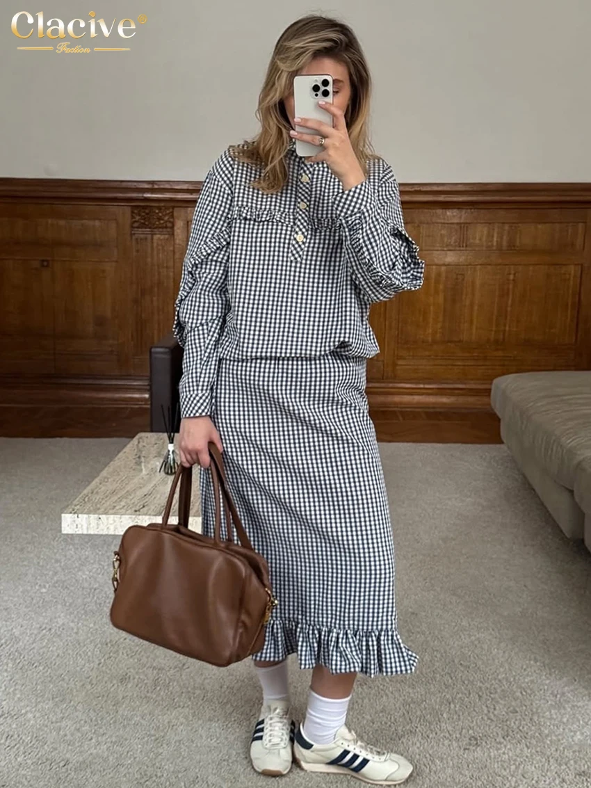 Clacive Fashion Loose Plaid Women's Two Pieces Set 2025 Elegant Long Sleeve Shirt With High Waist Midi Skirt Set Female Clothing image 3