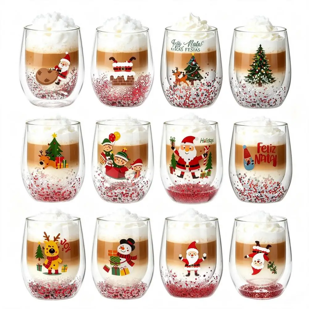 Christmas Party Wine Cups Glitter Christmas Wine Glass 300ml Double Layer Tumbler Festive Holiday Drinkware Buffalo for Guests