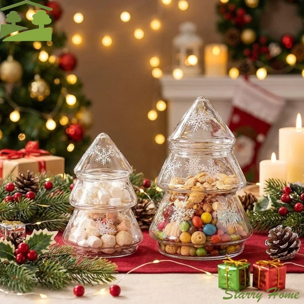 Snowflake Pattern Glass Christmas Tree Jar Large Capacity Transparent Cookie Jar Stylish With Lid Christmas Food Container