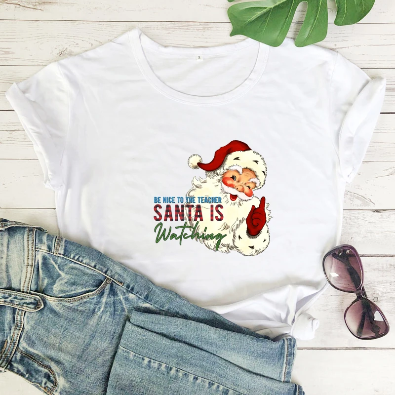 

colored be nice to the teacher santa is watching tshirt funny women short sleeve christmas holiday top tee shirt