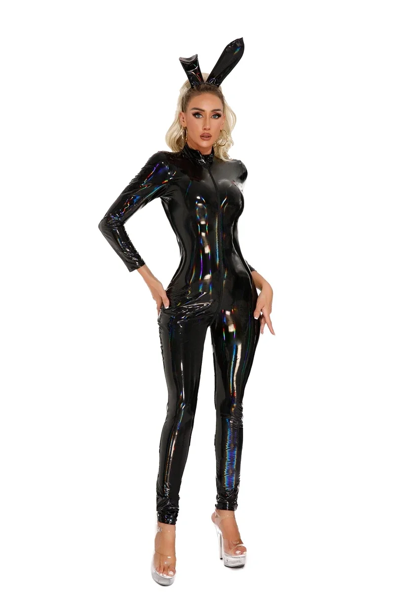 เลเซอร์สีสันดูเปียก PVC Catsuit เงา PU หนังซิปเปิด Crotch Bodysuit Tights คอสเพลย์ Leotard เซ็กซี่ Jumpsuit Conjoined