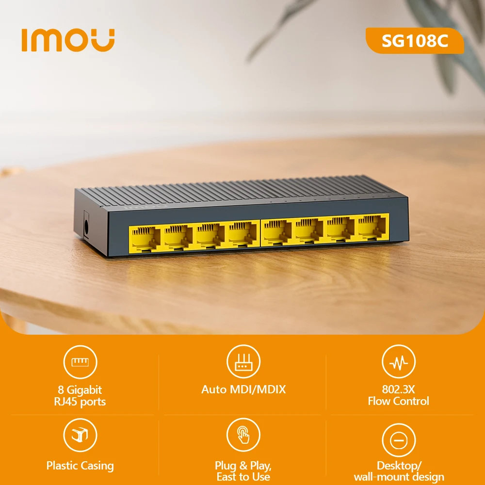 IMOU 8-Port Gigabit Switch SG108C Router with 10/100/1000Mbps Auto-Negotiation Auto MDI/MDIX 802.3X Flow Control