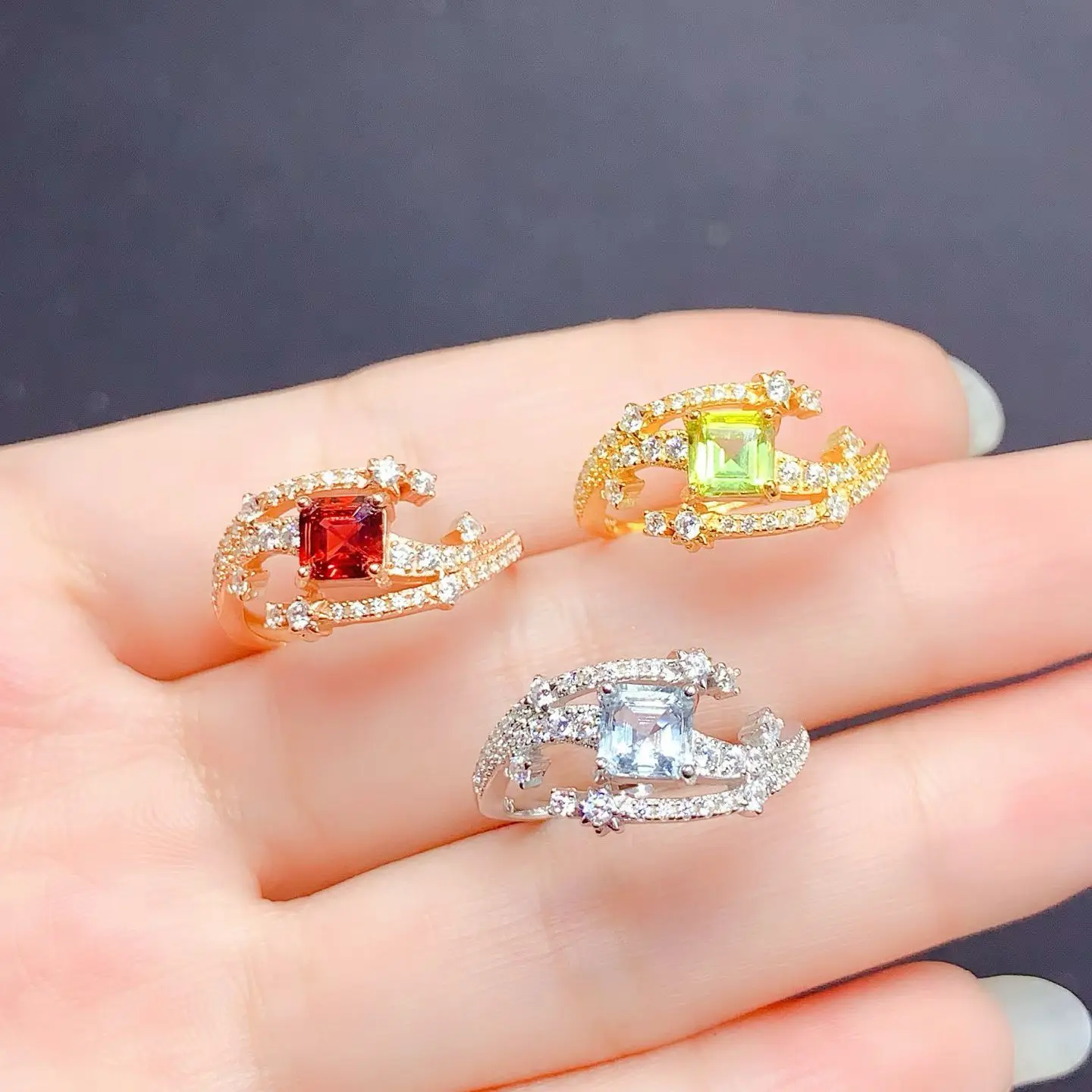 

Серебряное кольцо 925 пробы, серебряное кольцо с настоящим гранатом, ювелирные изделия с натуральным аквамарином, позолоченные 18 карат, настоящие серебряные украшения с перидотом