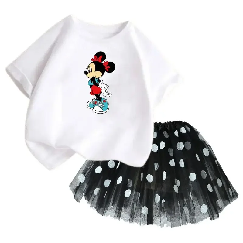 Disney Mickey Children Cotton Top T-shirt Fluffy Ballet Princess Tutu Skirt 2 Piece Set Baby Girl Birthday Party Lace Skirt Suit