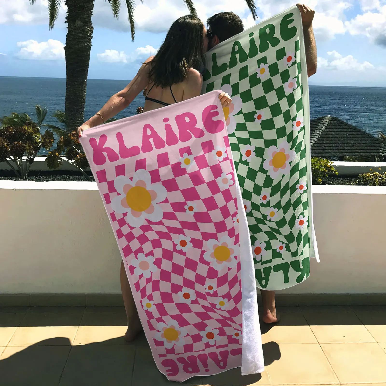 Custom Name Beach Towel Checkerboard Style Personalized Bath Towels Customized Text Pool Towel Microfiber Gift for Children