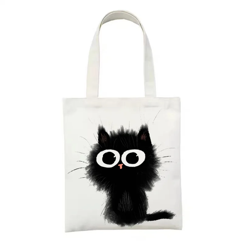 Women Canvas Bag Funny Black Cat Print Female Reuseable Shopping Totebags Girls Students School Bookbags