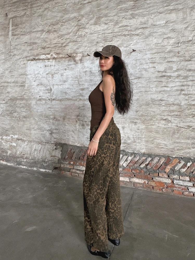 Trendy Gradient Leopard Print Loose Fit Straight Leg Jeans High Waist Cotton Casual Pants for Women Commute Style