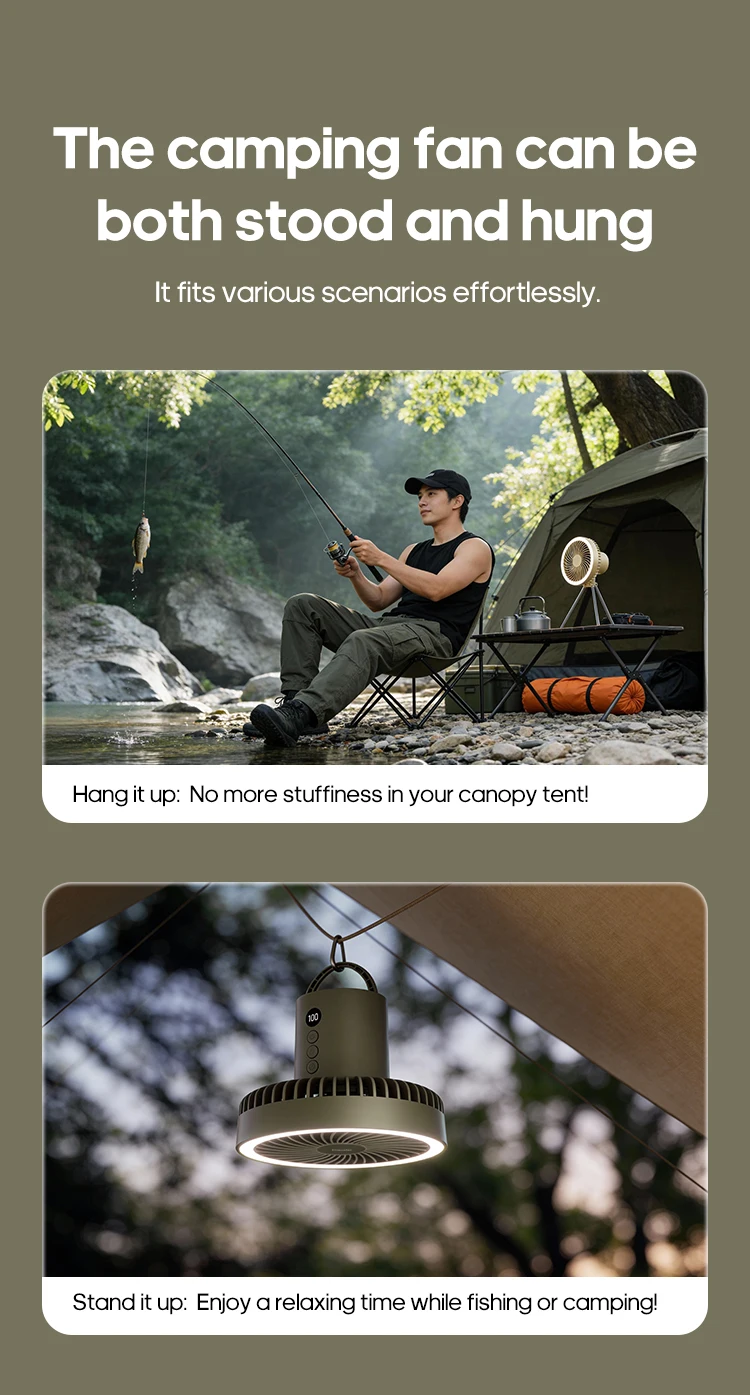 Outdoor-Campingventilator 10000mAh Zelt-Hängeventilator Wiederaufladbarer tragbarer Tischventilator mit abnehmbarer Campinglampe und Powerbank – Detail 12