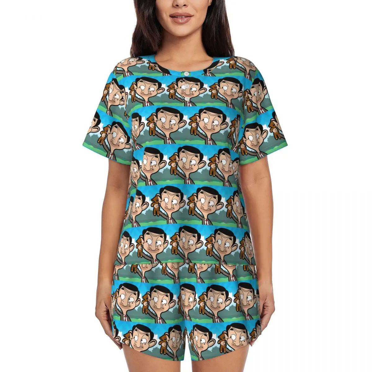 

Mr. Bean Cartoon Round Neck Short Sleeves Nightdress for Sleeping Sleepshirts Women Soft Pajama Set Short Pants