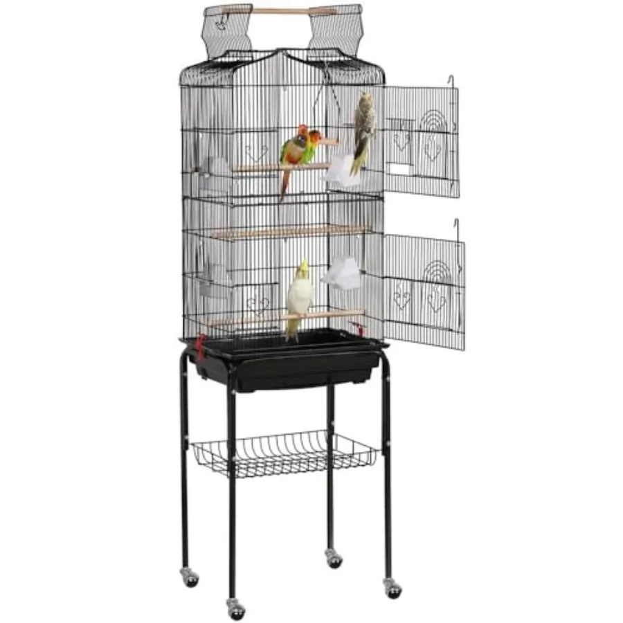 

64'' Bird Cage for Parakeet Cockatiel Budgie Lovebird: Open Top Design Powder-Coated Steel Gray Easy-Clean Slide-Out Tray Detac