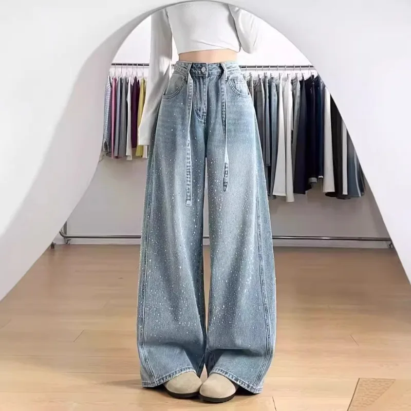 

Джинсы женские широкие с высокой талией, украшенные стразами, светло-голубые, прямые, драпированные, длиной в пол, повседневные, модные, в уличном стиле, коллекция 2026