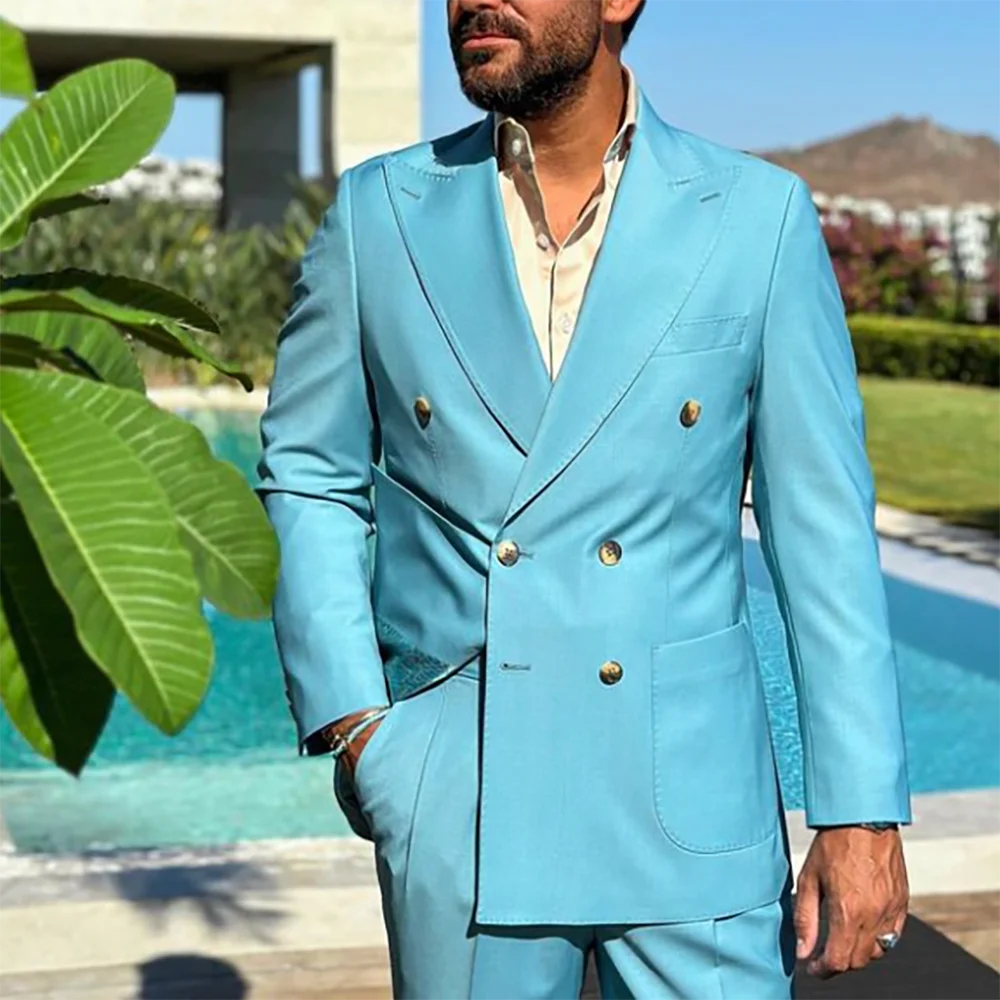 

Fresh Blue Double Breasted Men Suit Two Pieces(Jacket+Pants) Lapel Outfits Chic Casual Party Prom Wedding Set
