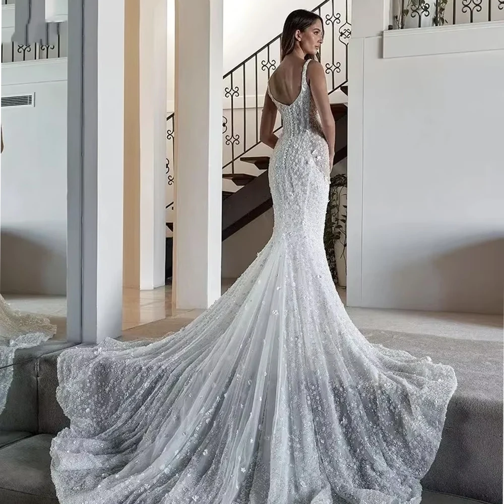 Abiti da sposa a sirena in pizzo personalizzati Cinghie per spaghetti Abiti da sposa Senza maniche Fiore 3D Backless Sweep Vestido Abito da sposa